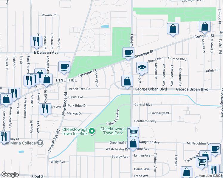 map of restaurants, bars, coffee shops, grocery stores, and more near 24 Kaufman Drive in Cheektowaga