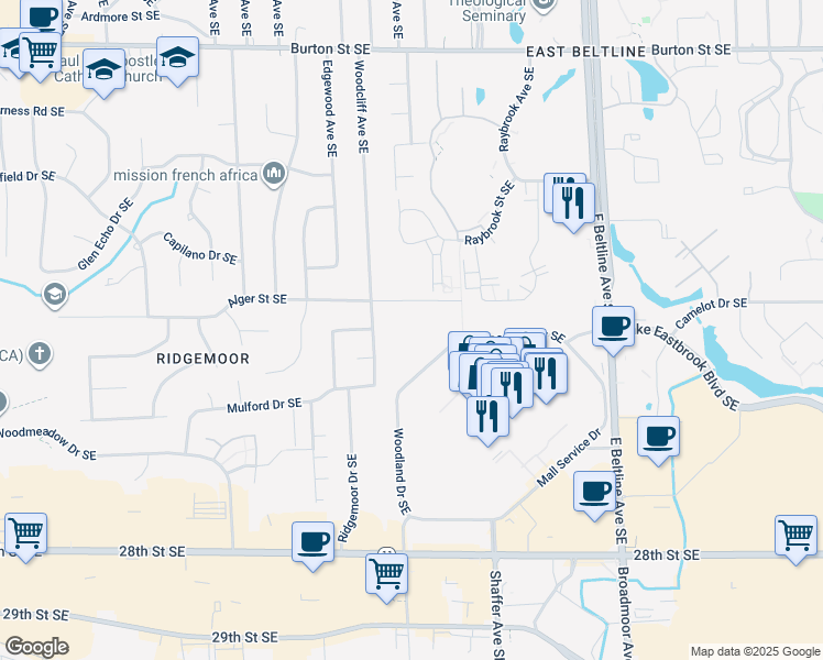 map of restaurants, bars, coffee shops, grocery stores, and more near 3131 Woodland Drive Southeast in Grand Rapids