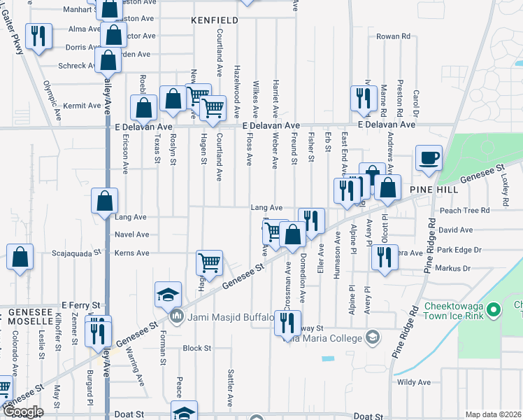 map of restaurants, bars, coffee shops, grocery stores, and more near 86 Rogers Avenue in Buffalo