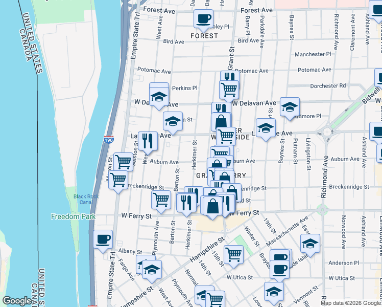 map of restaurants, bars, coffee shops, grocery stores, and more near 245 Herkimer Street in Buffalo