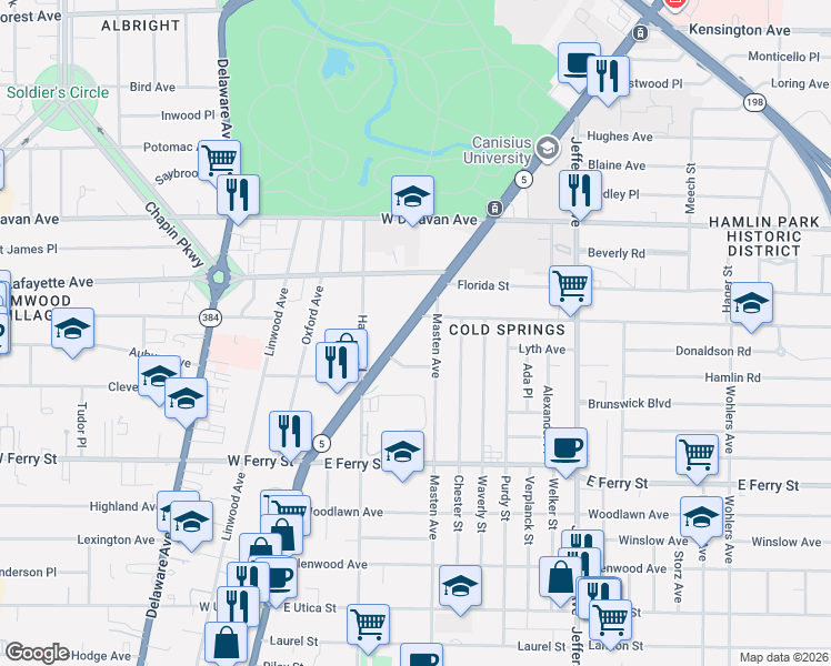 map of restaurants, bars, coffee shops, grocery stores, and more near 15 Northland Avenue in Buffalo
