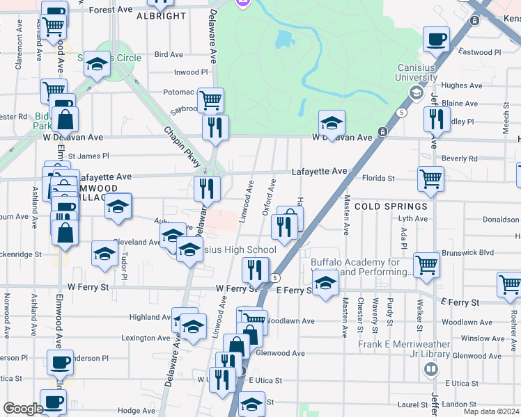 map of restaurants, bars, coffee shops, grocery stores, and more near 153 Oxford Avenue in Buffalo