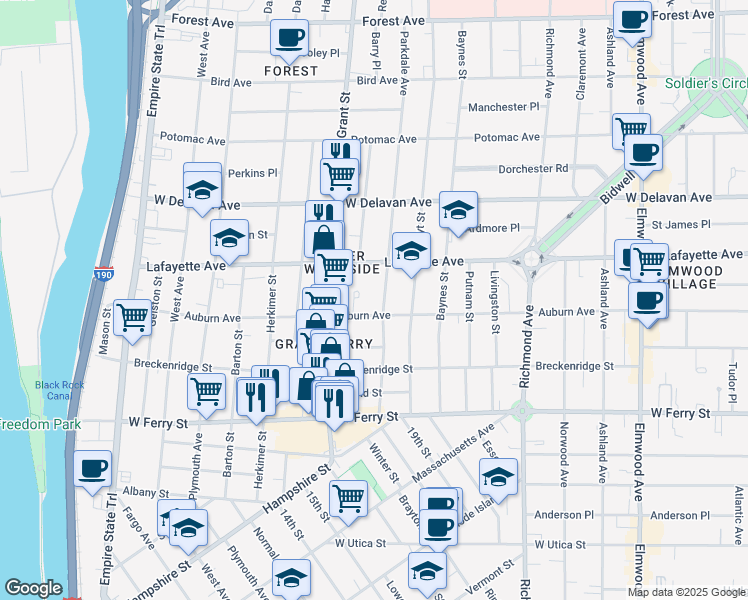 map of restaurants, bars, coffee shops, grocery stores, and more near 149 Parkdale Avenue in Buffalo