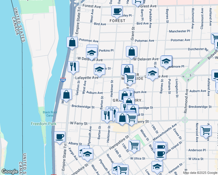map of restaurants, bars, coffee shops, grocery stores, and more near 245 Barton Street in Buffalo