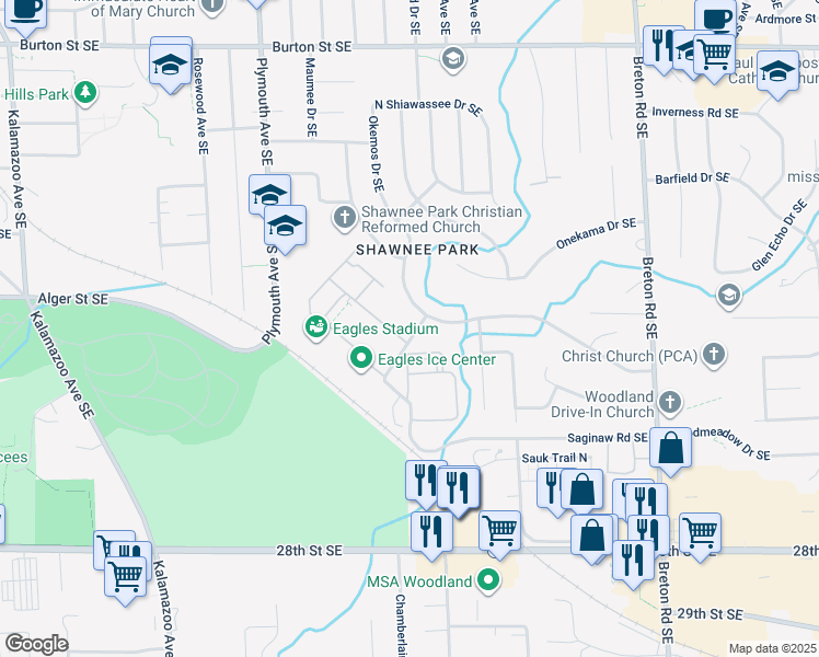 map of restaurants, bars, coffee shops, grocery stores, and more near 2427 Cranden Drive Southeast in Grand Rapids