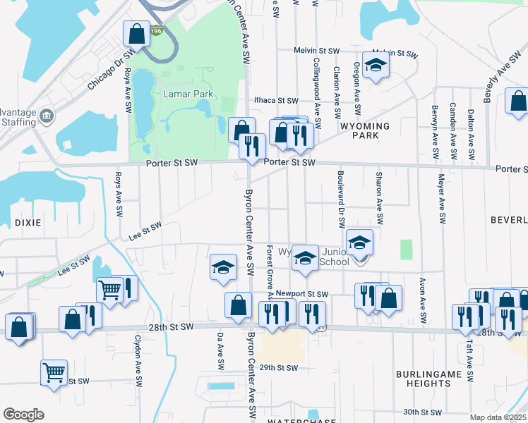 map of restaurants, bars, coffee shops, grocery stores, and more near 2466 Forest Grove Avenue Southwest in Wyoming