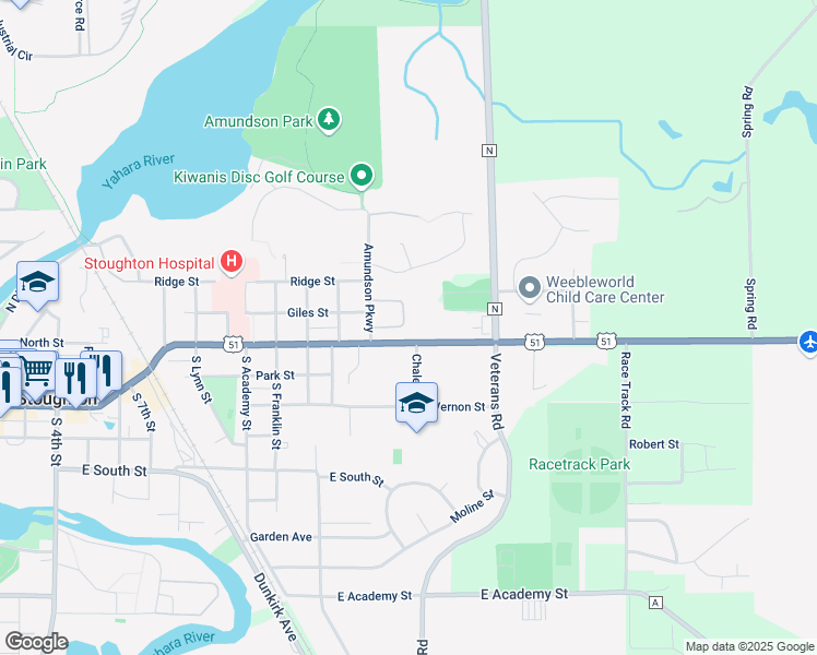 map of restaurants, bars, coffee shops, grocery stores, and more near 956 U.S. 51 in Stoughton