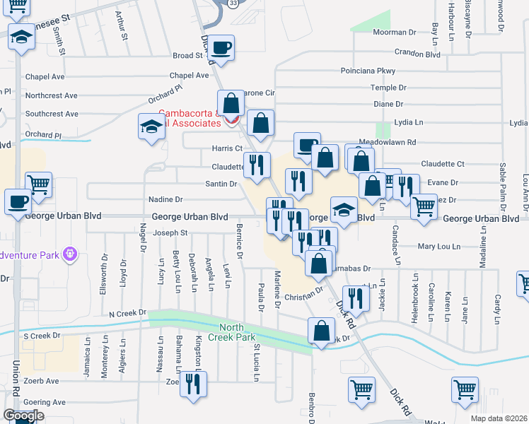 map of restaurants, bars, coffee shops, grocery stores, and more near 32316 Building Landing in Buffalo