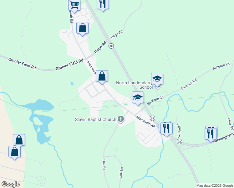 map of restaurants, bars, coffee shops, grocery stores, and more near 526 Mammoth Road in Londonderry