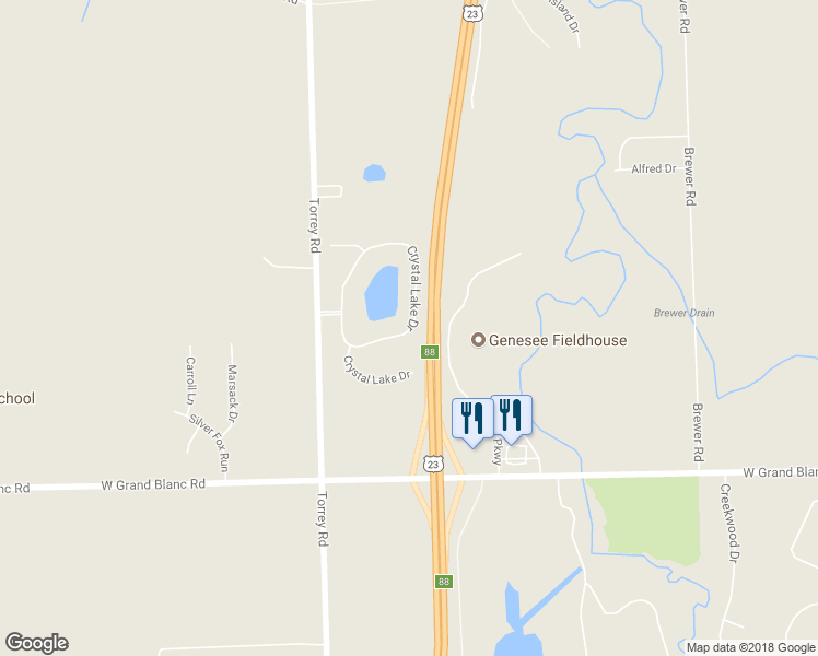 map of restaurants, bars, coffee shops, grocery stores, and more near 7399 Crystal Lake Drive in Swartz Creek