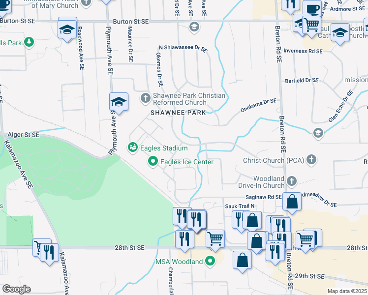 map of restaurants, bars, coffee shops, grocery stores, and more near 2411 Okemos Drive Southeast in Grand Rapids