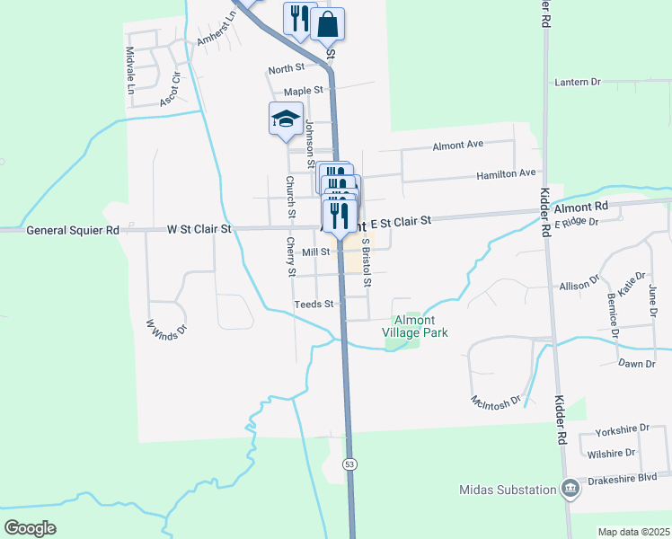 map of restaurants, bars, coffee shops, grocery stores, and more near 201 Branch Street in Almont