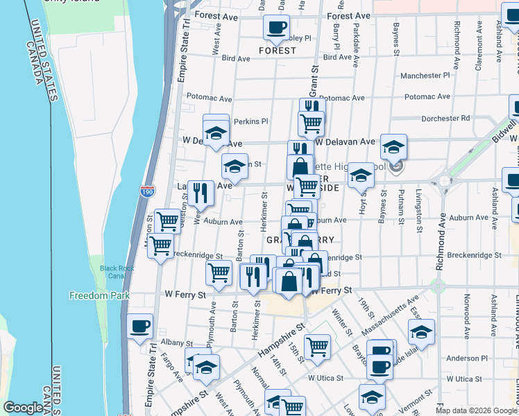 map of restaurants, bars, coffee shops, grocery stores, and more near 230 Herkimer Street in Buffalo
