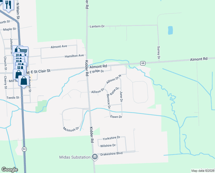 map of restaurants, bars, coffee shops, grocery stores, and more near 7845 Allison Drive North in Almont