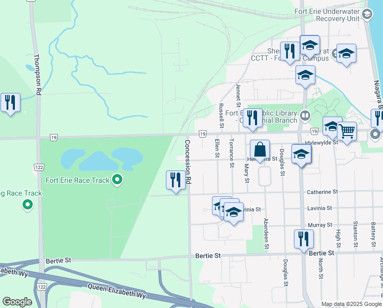 map of restaurants, bars, coffee shops, grocery stores, and more near 33 Concession Road in Fort Erie