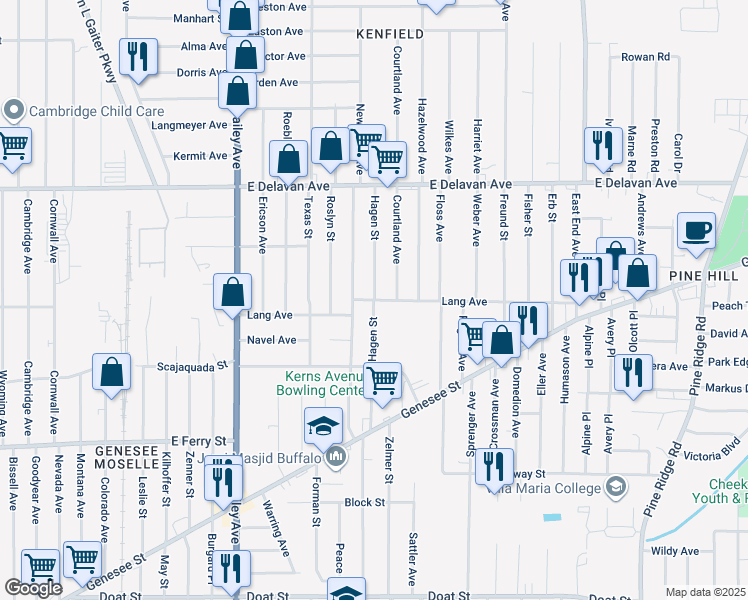 map of restaurants, bars, coffee shops, grocery stores, and more near Lang Avenue & Hagen Street in Buffalo
