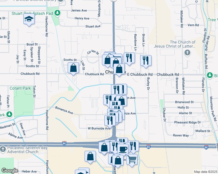 map of restaurants, bars, coffee shops, grocery stores, and more near 4727 Yellowstone Avenue in Chubbuck