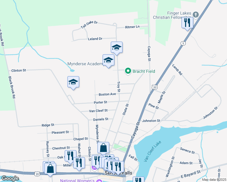 map of restaurants, bars, coffee shops, grocery stores, and more near 79 Troy St in Seneca Falls