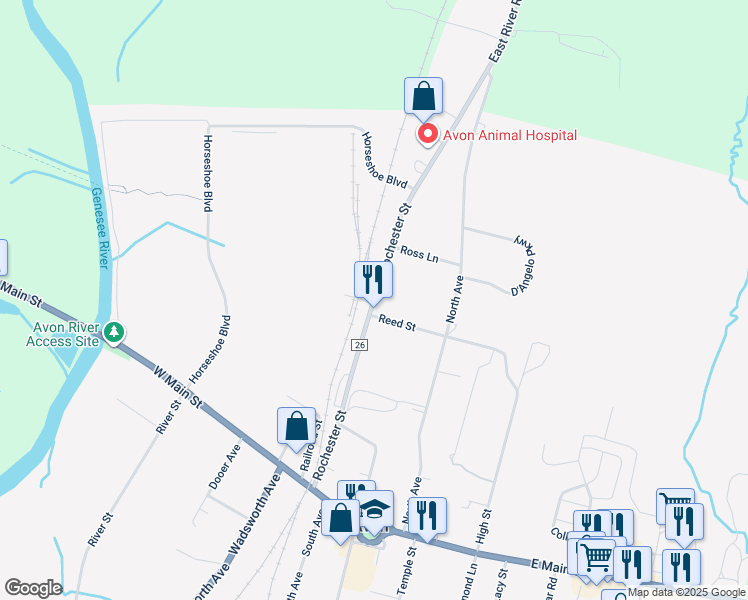 map of restaurants, bars, coffee shops, grocery stores, and more near 242 Rochester Street in Avon
