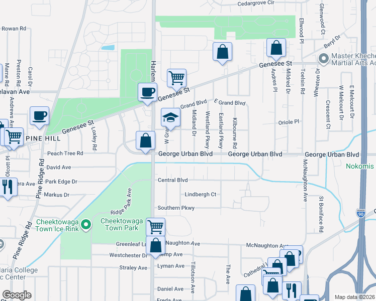map of restaurants, bars, coffee shops, grocery stores, and more near 173 Rosewood Terrace in Buffalo