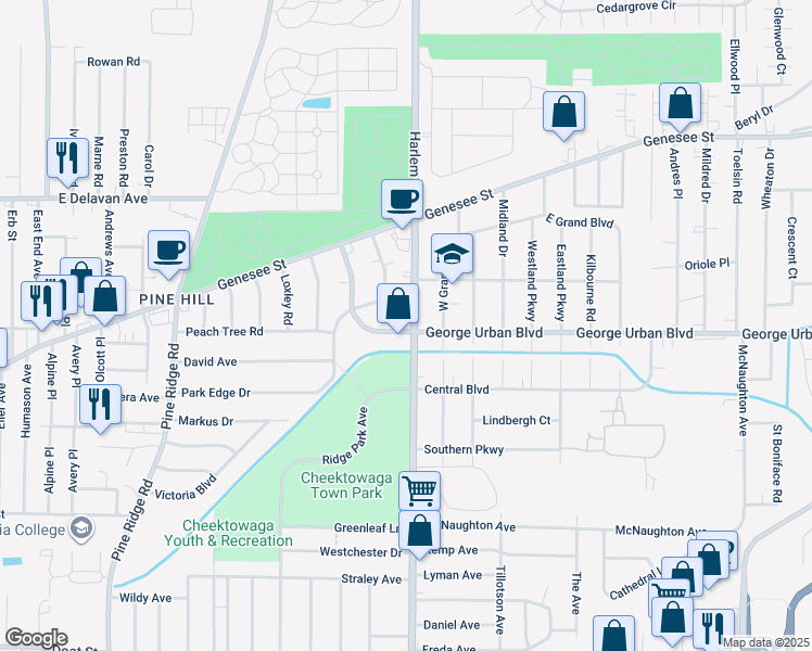 map of restaurants, bars, coffee shops, grocery stores, and more near 2768 Harlem Road in Cheektowaga
