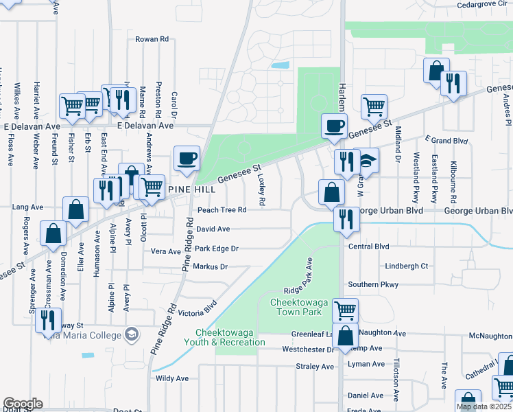 map of restaurants, bars, coffee shops, grocery stores, and more near 15 Loxley Road in Buffalo