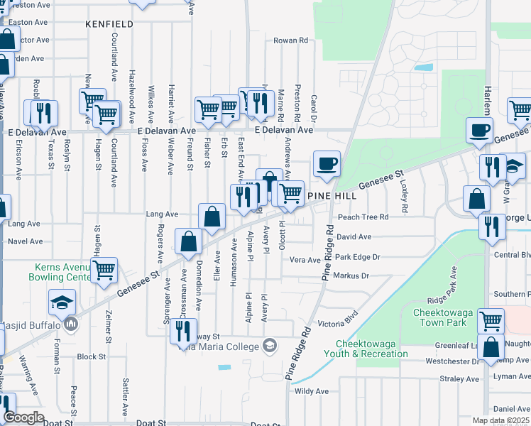 map of restaurants, bars, coffee shops, grocery stores, and more near 27 Barbara Place in Buffalo