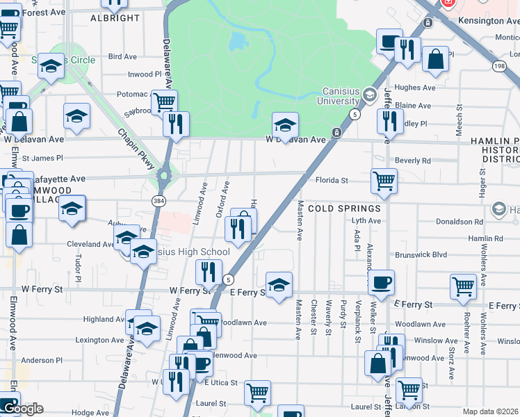 map of restaurants, bars, coffee shops, grocery stores, and more near 76 Harvard Place in Buffalo