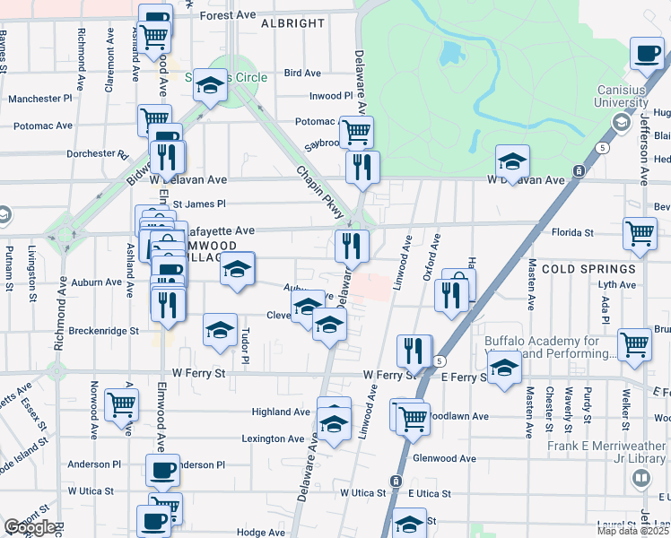 map of restaurants, bars, coffee shops, grocery stores, and more near 1296 Delaware Avenue in Buffalo