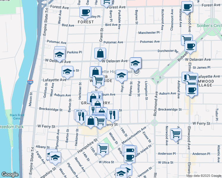 map of restaurants, bars, coffee shops, grocery stores, and more near 149 Parkdale Avenue in Buffalo