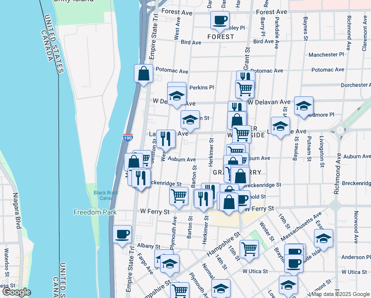 map of restaurants, bars, coffee shops, grocery stores, and more near 96 Dewitt Street in Buffalo