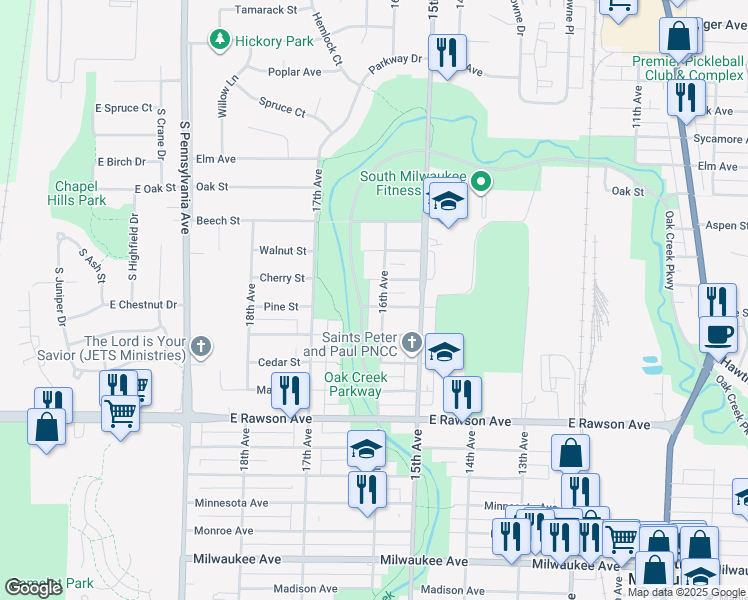 map of restaurants, bars, coffee shops, grocery stores, and more near 1100 16th Avenue in South Milwaukee