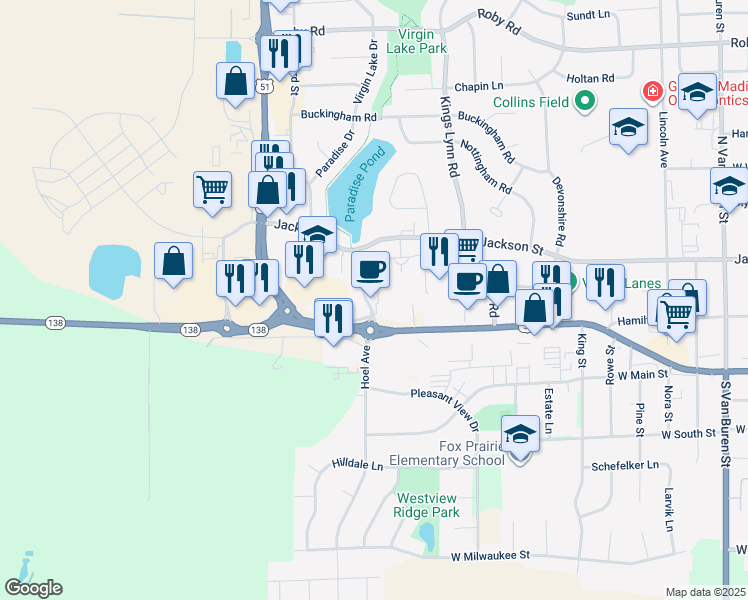 map of restaurants, bars, coffee shops, grocery stores, and more near 101 Silverado Drive in Stoughton