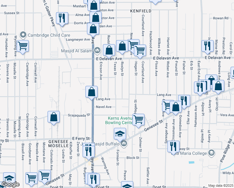 map of restaurants, bars, coffee shops, grocery stores, and more near 93 Texas Street in Buffalo