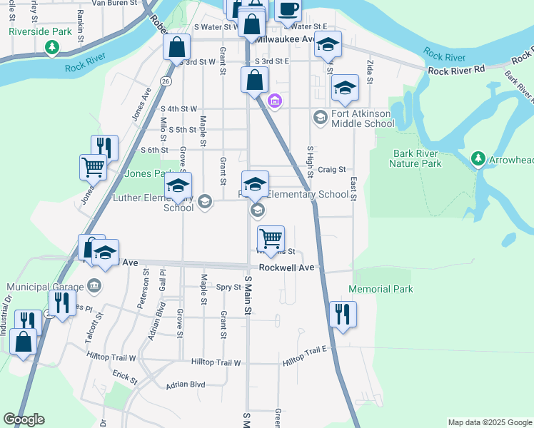 map of restaurants, bars, coffee shops, grocery stores, and more near 719 South Main Street in Fort Atkinson
