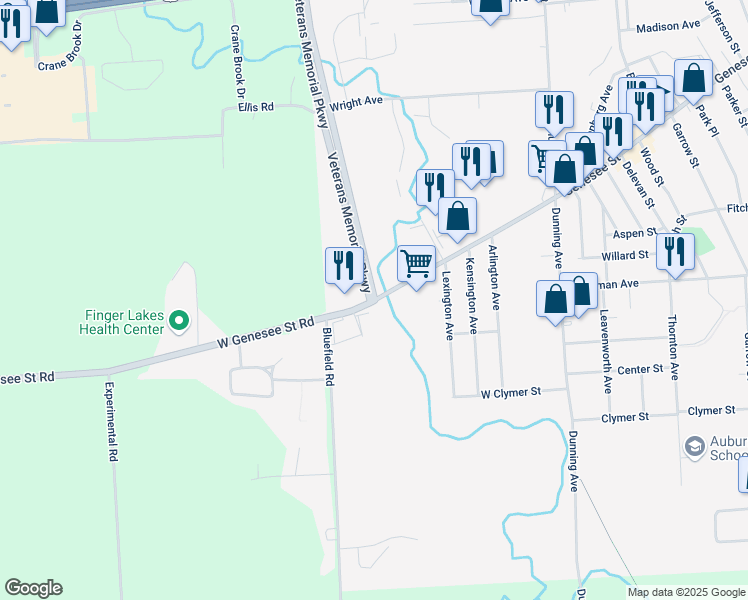 map of restaurants, bars, coffee shops, grocery stores, and more near 203 West Genesee Street in Auburn