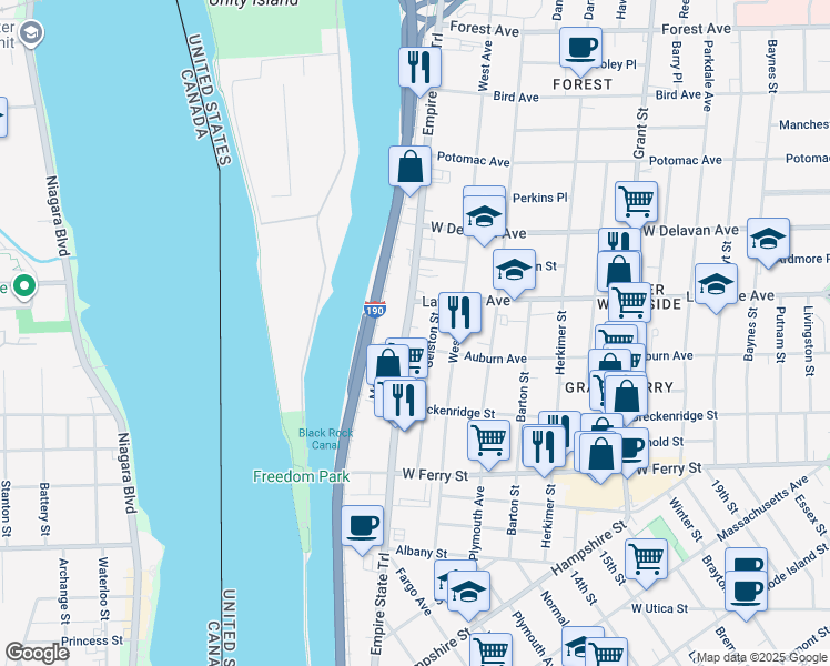 map of restaurants, bars, coffee shops, grocery stores, and more near 1303 Niagara Street in Buffalo