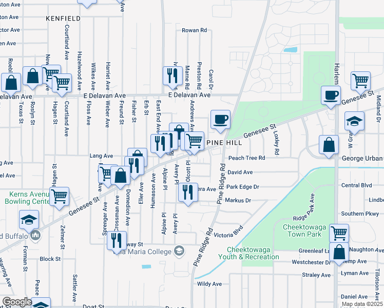 map of restaurants, bars, coffee shops, grocery stores, and more near Genesee Street & Andrews Avenue in Buffalo