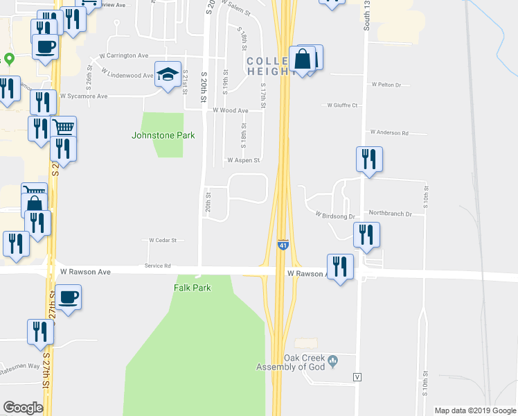 map of restaurants, bars, coffee shops, grocery stores, and more near 6935 South Timber Ridge Lane in Oak Creek