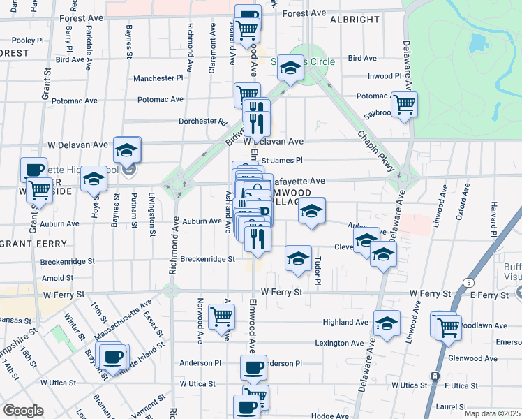 map of restaurants, bars, coffee shops, grocery stores, and more near 807 Elmwood Avenue in Buffalo