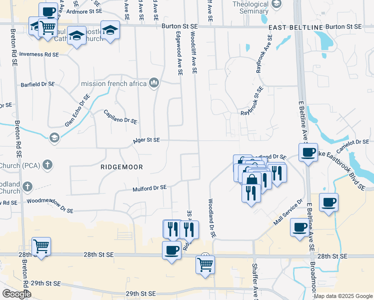map of restaurants, bars, coffee shops, grocery stores, and more near 2953 Okemos Drive Southeast in Grand Rapids