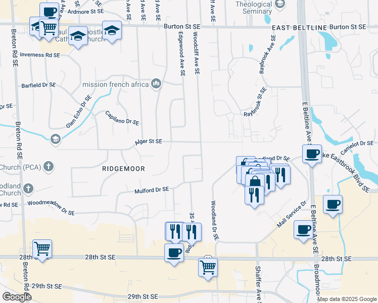 map of restaurants, bars, coffee shops, grocery stores, and more near 2953 Okemos Drive Southeast in Grand Rapids