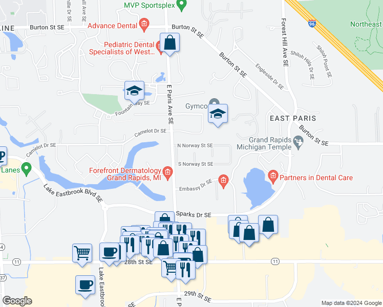map of restaurants, bars, coffee shops, grocery stores, and more near 2437 Hampton Court Southeast in Grand Rapids