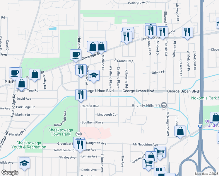 map of restaurants, bars, coffee shops, grocery stores, and more near 76 Westland Parkway in Cheektowaga