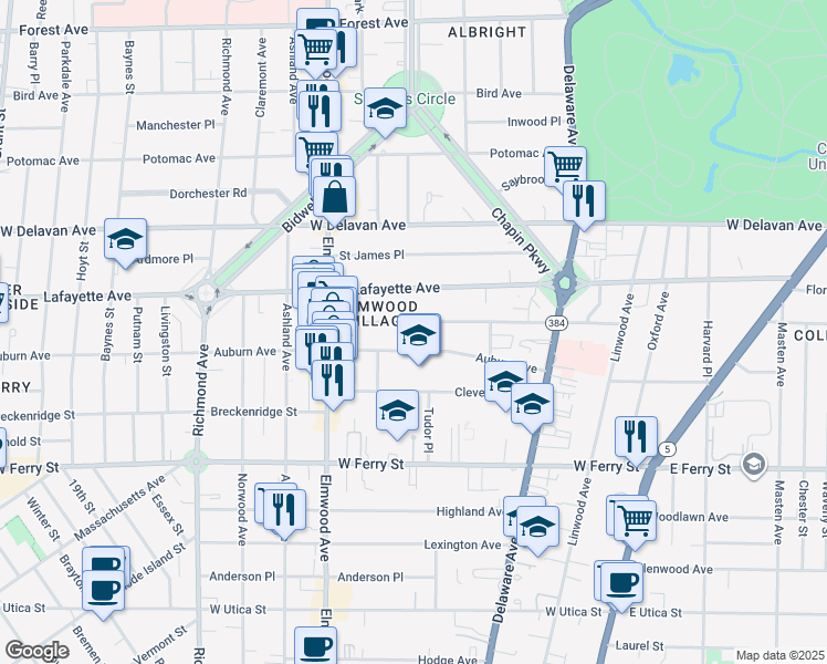 map of restaurants, bars, coffee shops, grocery stores, and more near 135 Lancaster Avenue in Buffalo