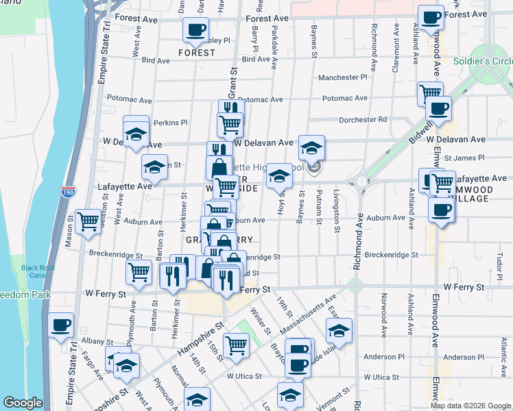 map of restaurants, bars, coffee shops, grocery stores, and more near 149 Parkdale Avenue in Buffalo