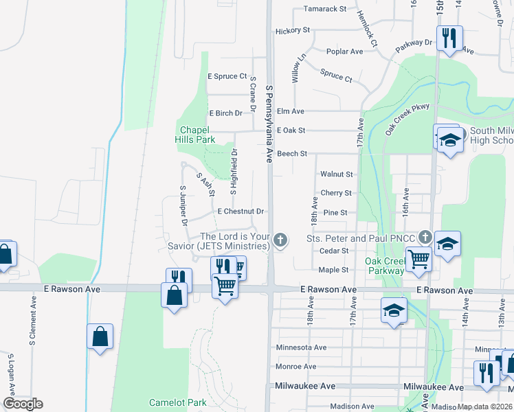 map of restaurants, bars, coffee shops, grocery stores, and more near 6860 South Crane Drive in Oak Creek
