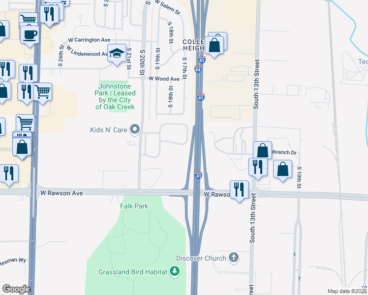 map of restaurants, bars, coffee shops, grocery stores, and more near 1825 West Timberridge Lane in Oak Creek