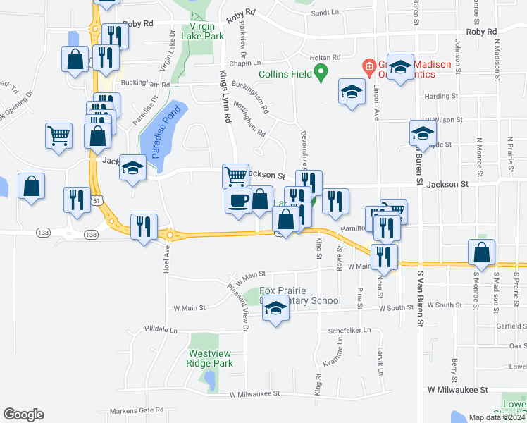 map of restaurants, bars, coffee shops, grocery stores, and more near 1601 Kenilworth Court in Stoughton