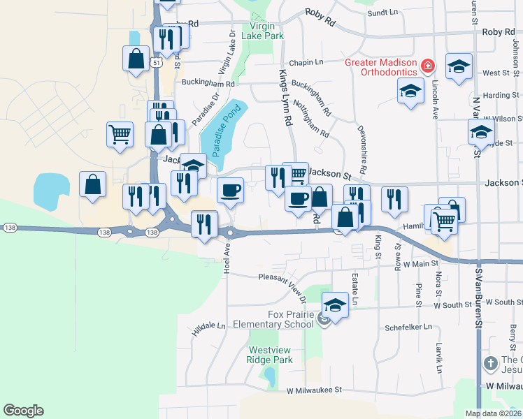 map of restaurants, bars, coffee shops, grocery stores, and more near 1904 U.S. 51 in Stoughton
